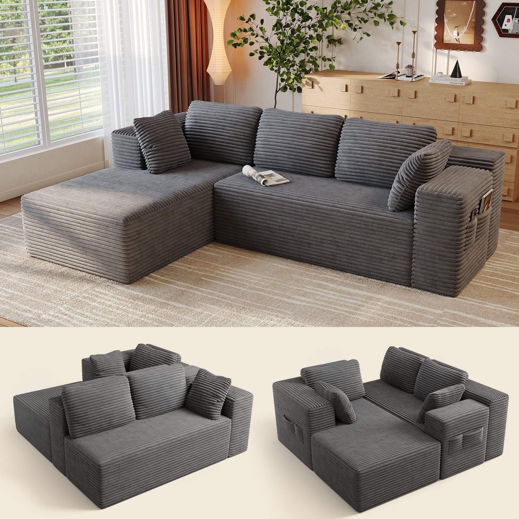 Sofa, Lofka 105 Free Assembly L-Shaped Sectional with Pet Friendly Corduroy Fabric, Black for Living Room/Apartment
