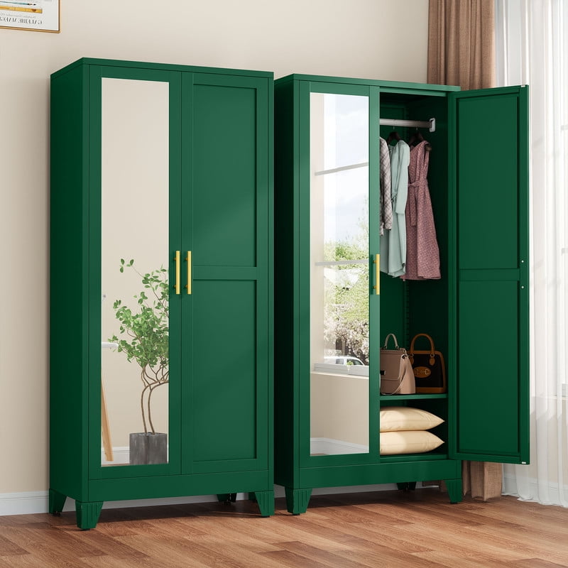 Ero Metal Freestanding Armoire Wardrobe Closet with Hanging Rod and Mirror