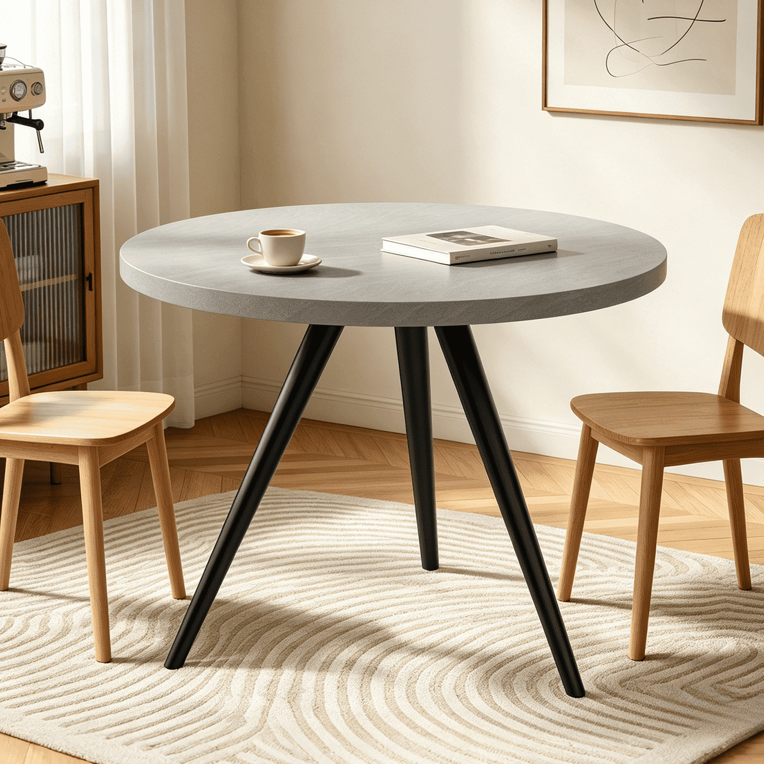 34.8 Round Dining Table Set for 4,5 Piece Mid-Century Modern Dining Set with 4 Upholstered Dining Chairs,Leisure Coffee Table for Kitchen Dining Room, Save Space