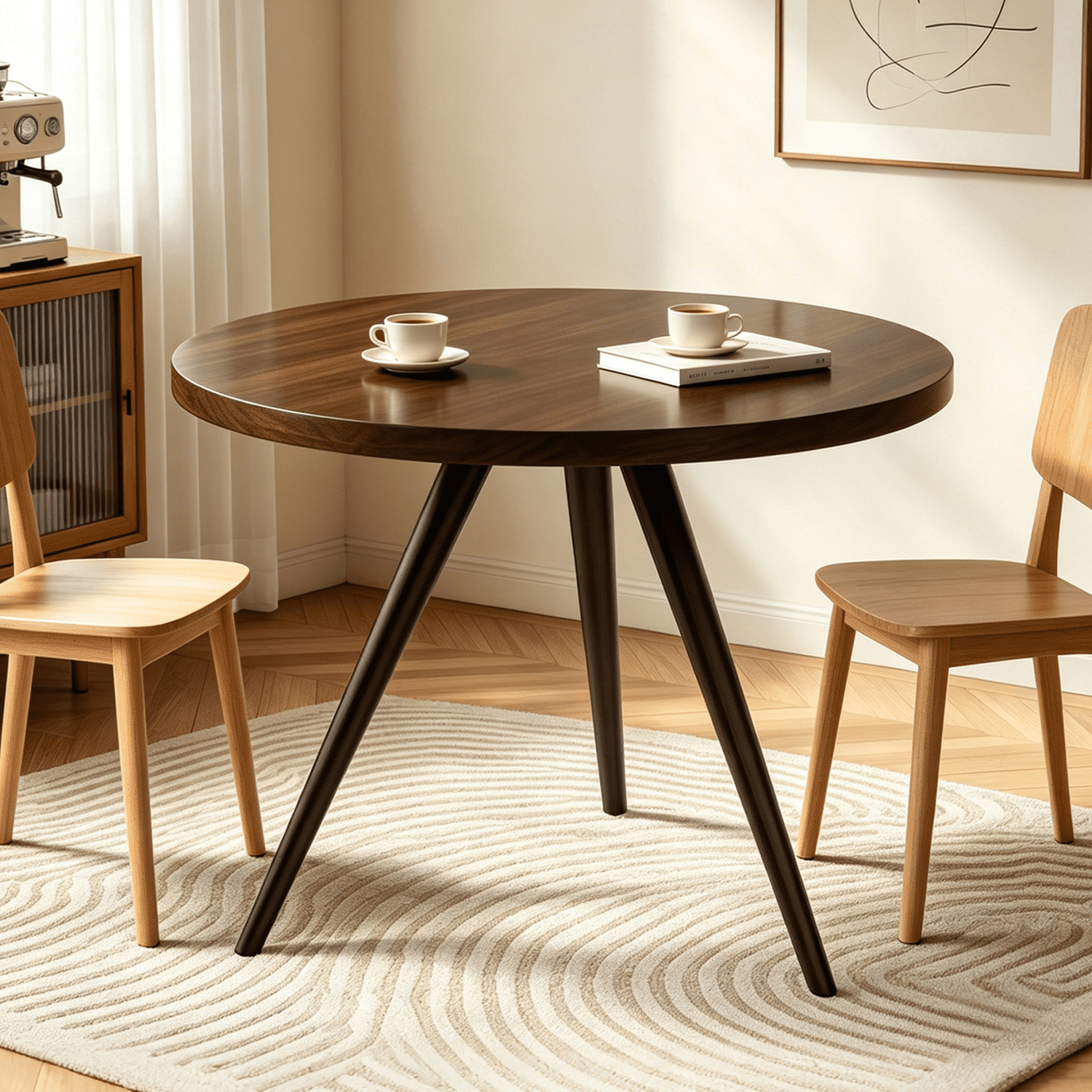 34.8 Round Dining Table Set for 4,5 Piece Mid-Century Modern Dining Set with 4 Upholstered Dining Chairs,Leisure Coffee Table for Kitchen Dining Room, Save Space