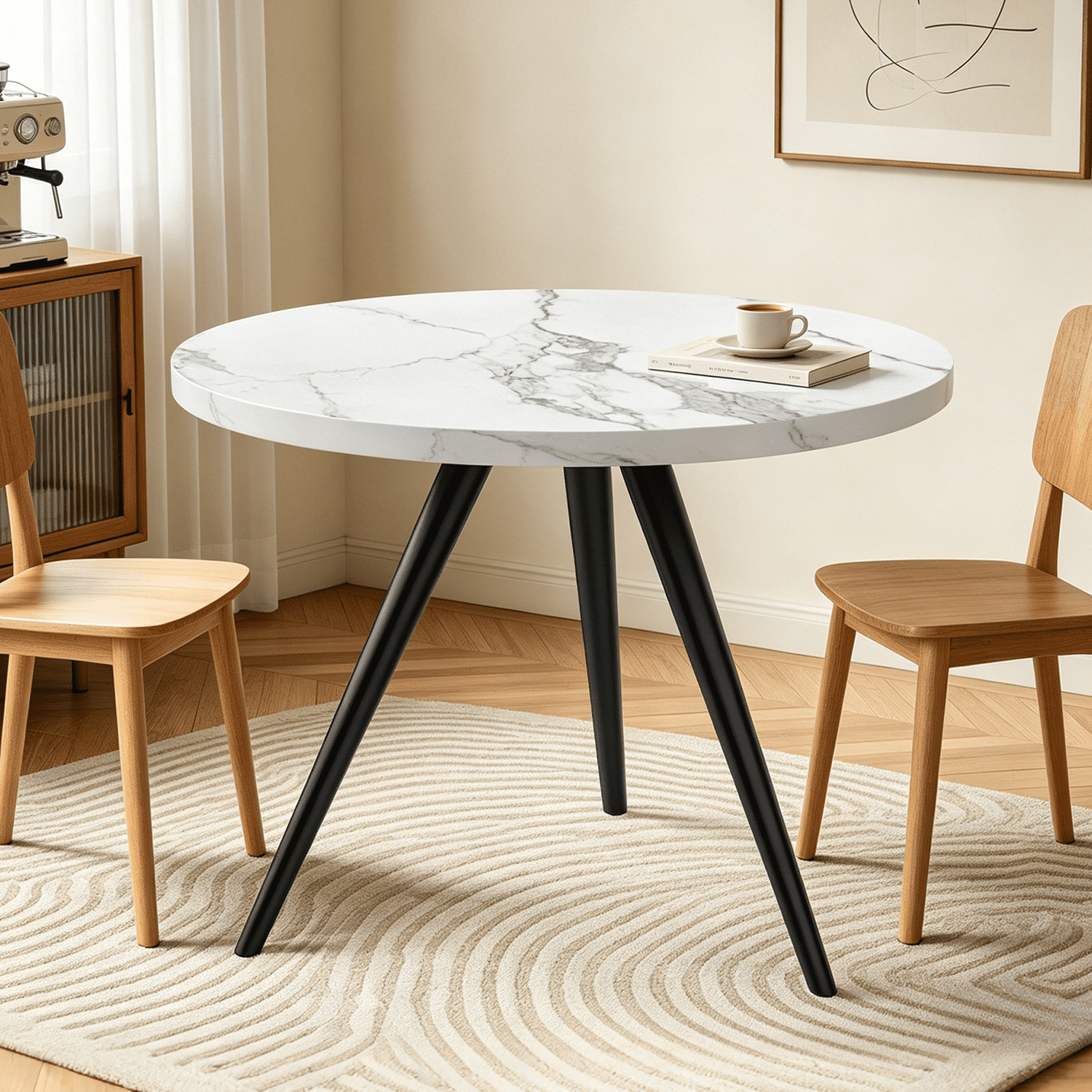 34.8 Round Dining Table Set for 4,5 Piece Mid-Century Modern Dining Set with 4 Upholstered Dining Chairs,Leisure Coffee Table for Kitchen Dining Room, Save Space
