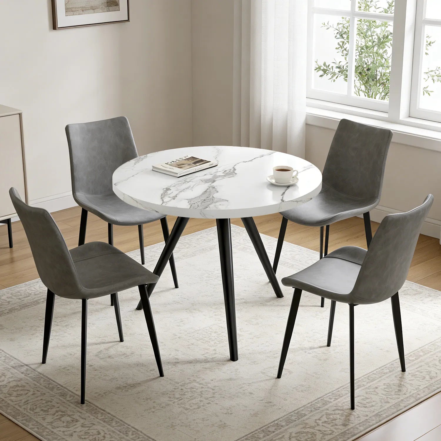 34.8 Round Dining Table Set for 4,5 Piece Mid-Century Modern Dining Set with 4 Upholstered Dining Chairs,Leisure Coffee Table for Kitchen Dining Room, Save Space
