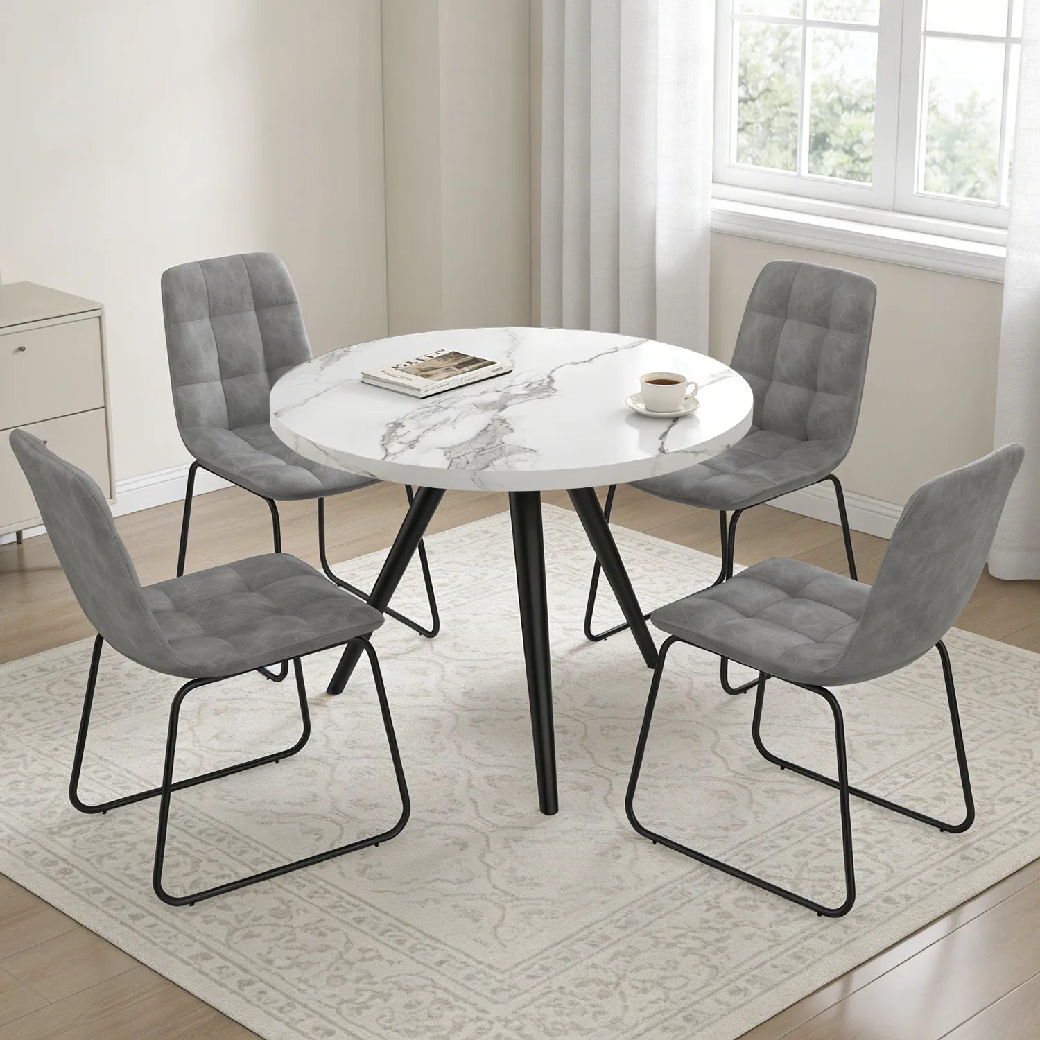 34.8 Round Dining Table Set for 4,5 Piece Mid-Century Modern Dining Set with 4 Upholstered Dining Chairs,Leisure Coffee Table for Kitchen Dining Room, Save Space