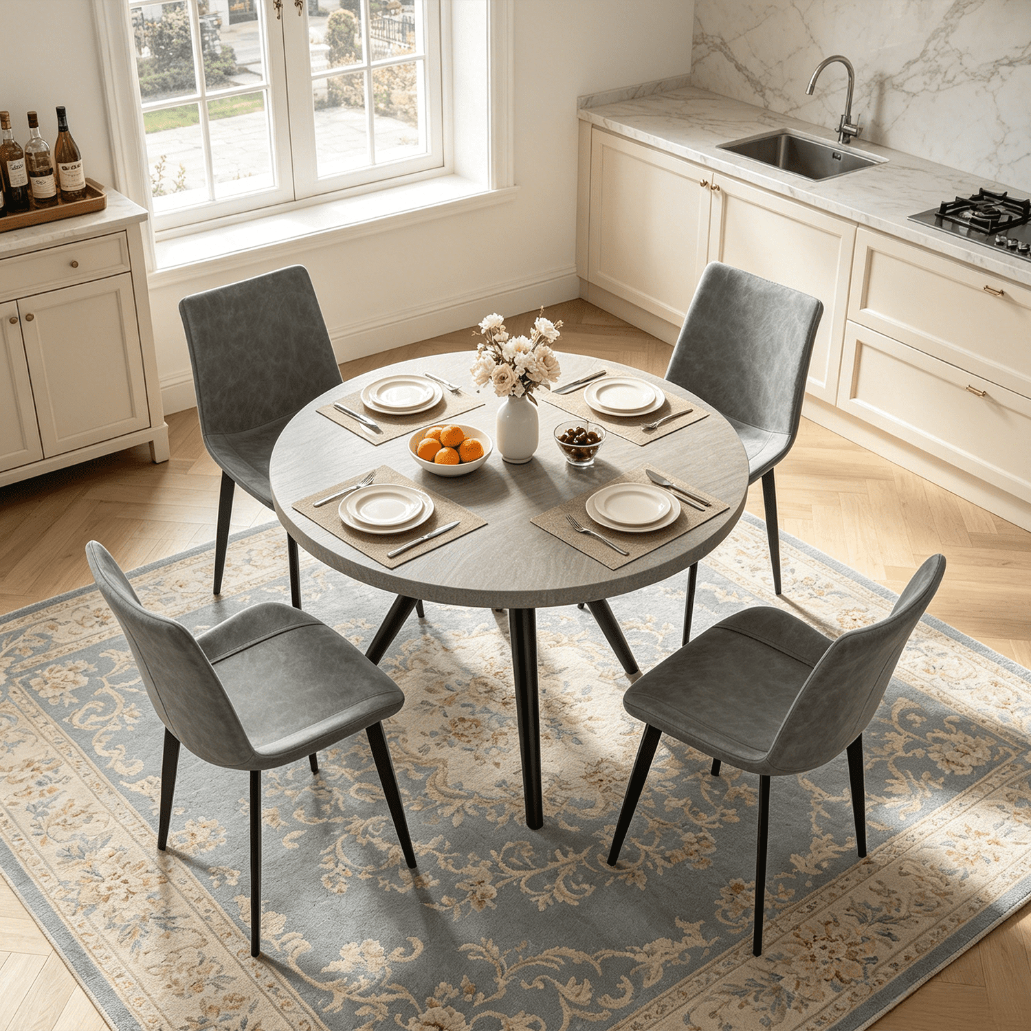 34.8 Round Dining Table Set for 4,5 Piece Mid-Century Modern Dining Set with 4 Upholstered Dining Chairs,Leisure Coffee Table for Kitchen Dining Room, Save Space