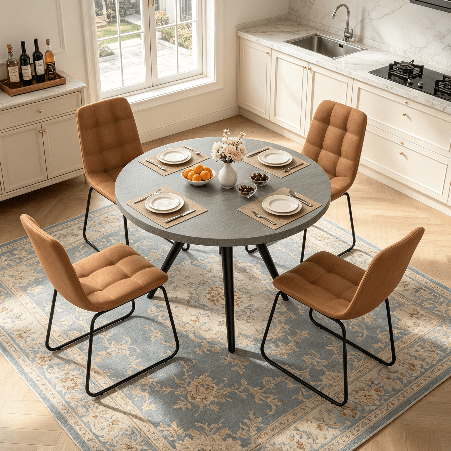 34.8 Round Dining Table Set for 4,5 Piece Mid-Century Modern Dining Set with 4 Upholstered Dining Chairs,Leisure Coffee Table for Kitchen Dining Room, Save Space