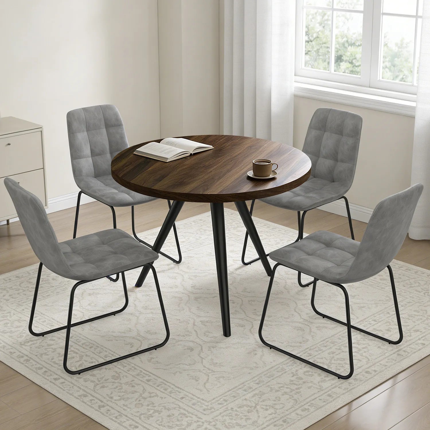 34.8 Round Dining Table Set for 4,5 Piece Mid-Century Modern Dining Set with 4 Upholstered Dining Chairs,Leisure Coffee Table for Kitchen Dining Room, Save Space