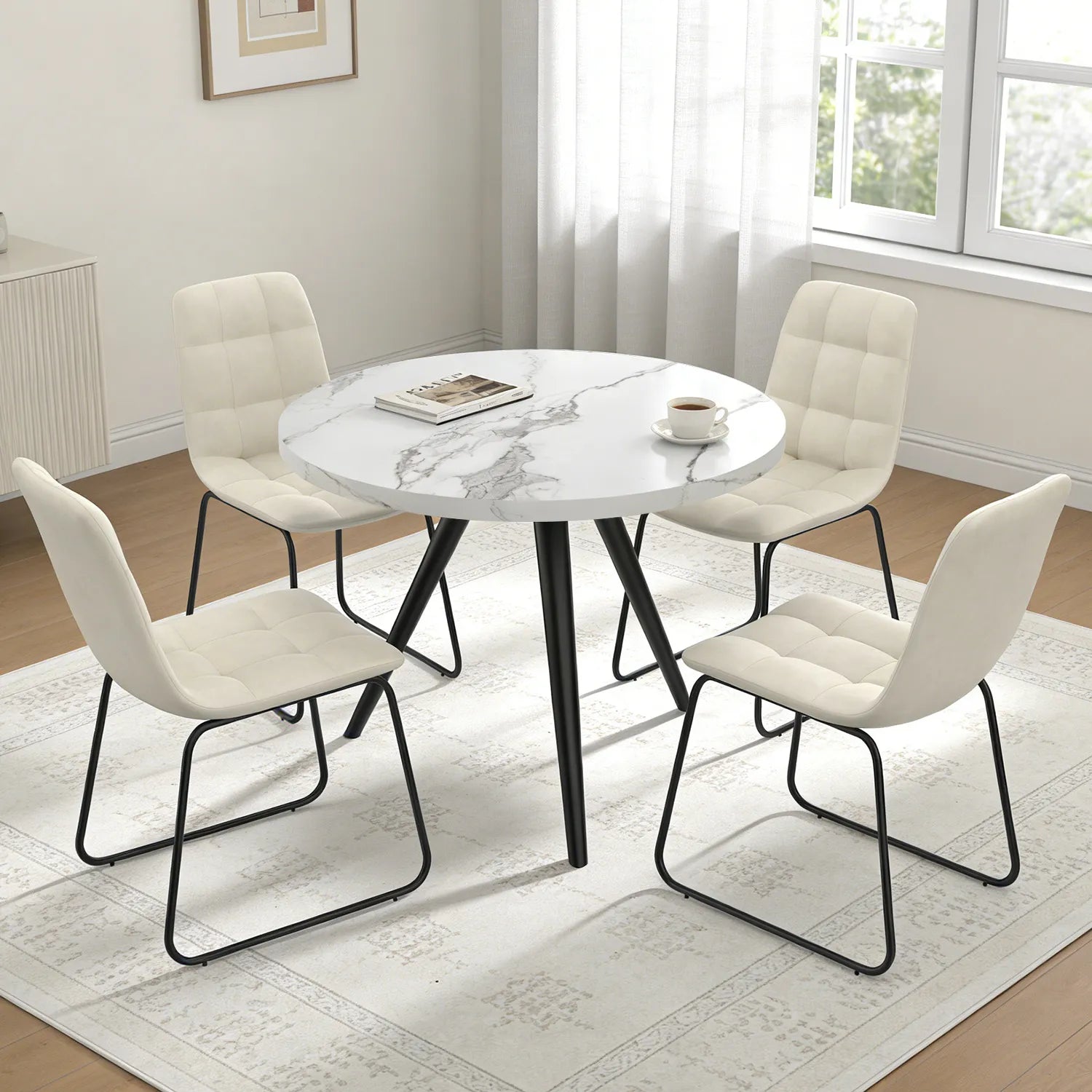 34.8 Round Dining Table Set for 4,5 Piece Mid-Century Modern Dining Set with 4 Upholstered Dining Chairs,Leisure Coffee Table for Kitchen Dining Room, Save Space