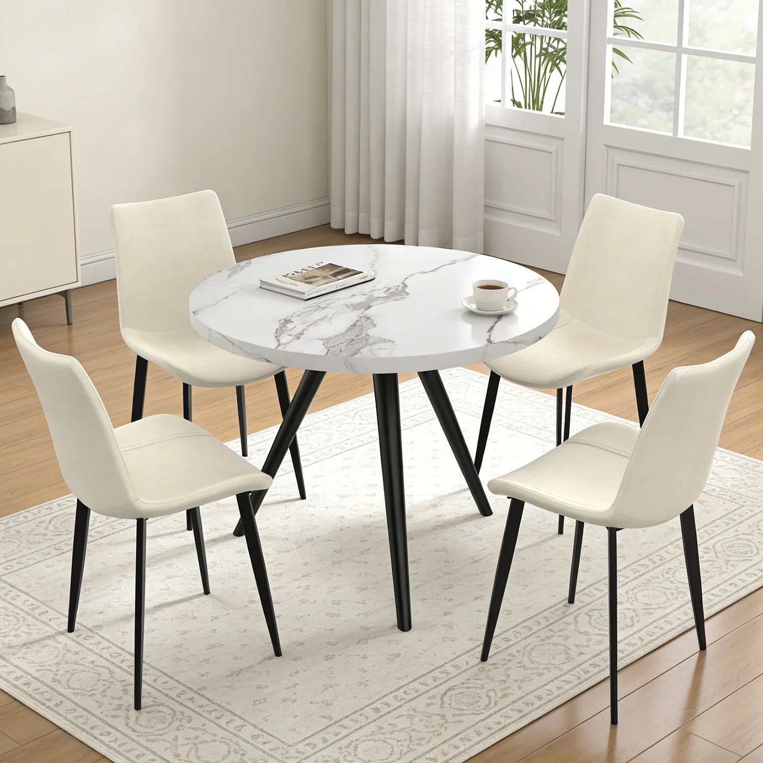 34.8 Round Dining Table Set for 4,5 Piece Mid-Century Modern Dining Set with 4 Upholstered Dining Chairs,Leisure Coffee Table for Kitchen Dining Room, Save Space