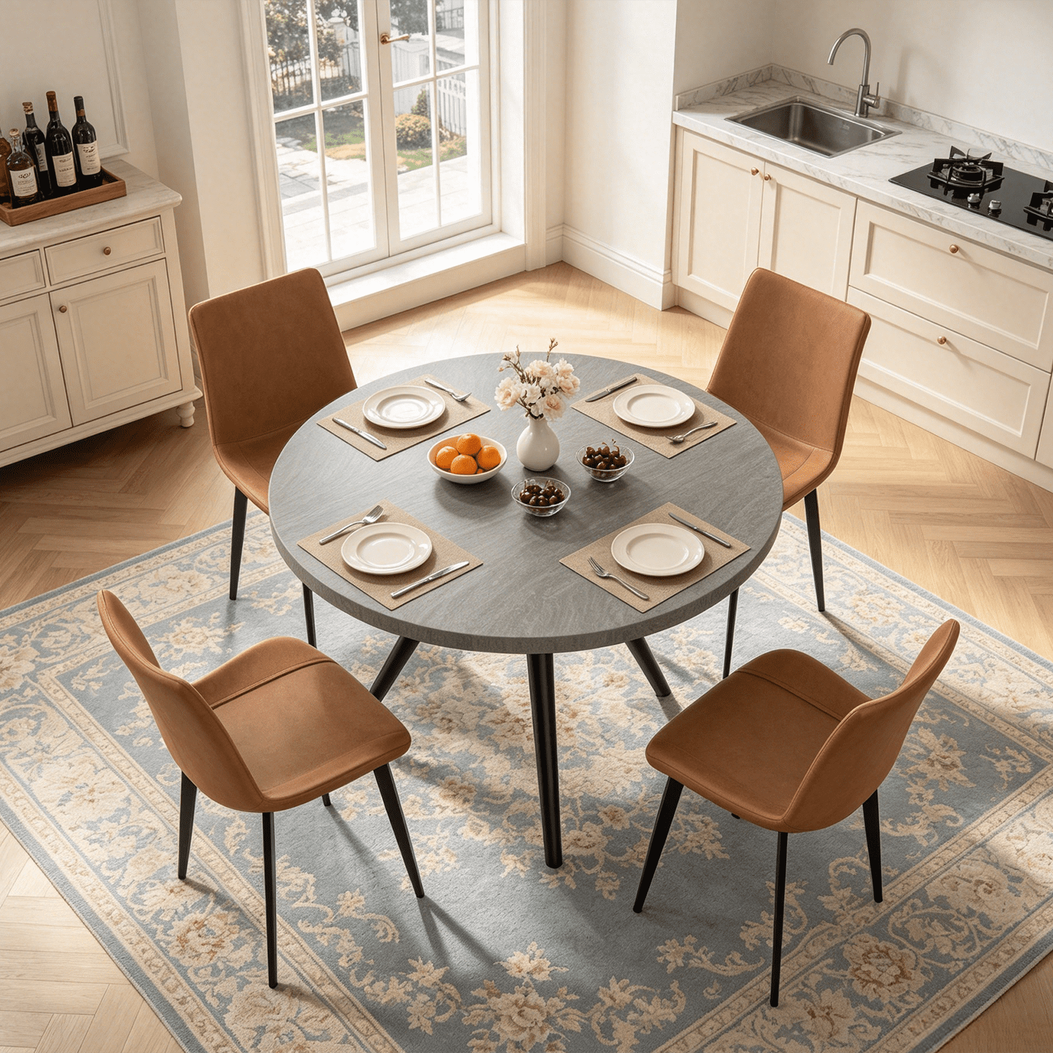 34.8 Round Dining Table Set for 4,5 Piece Mid-Century Modern Dining Set with 4 Upholstered Dining Chairs,Leisure Coffee Table for Kitchen Dining Room, Save Space
