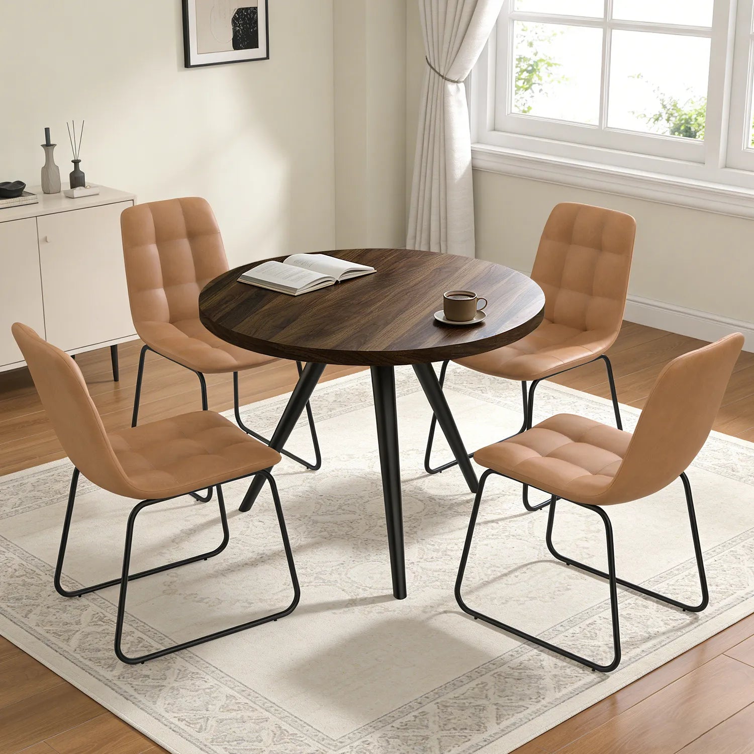 34.8 Round Dining Table Set for 4,5 Piece Mid-Century Modern Dining Set with 4 Upholstered Dining Chairs,Leisure Coffee Table for Kitchen Dining Room, Save Space