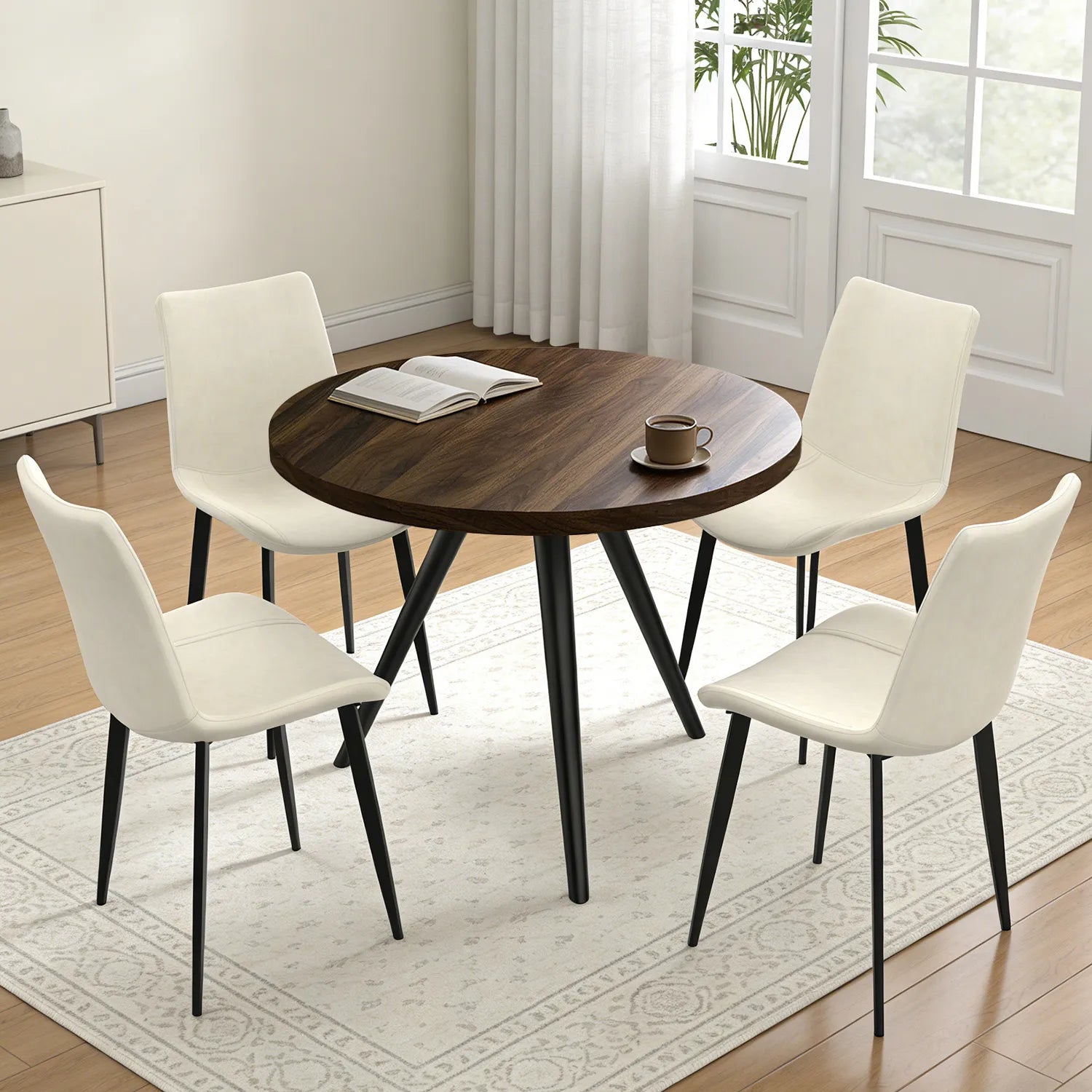 34.8 Round Dining Table Set for 4,5 Piece Mid-Century Modern Dining Set with 4 Upholstered Dining Chairs,Leisure Coffee Table for Kitchen Dining Room, Save Space