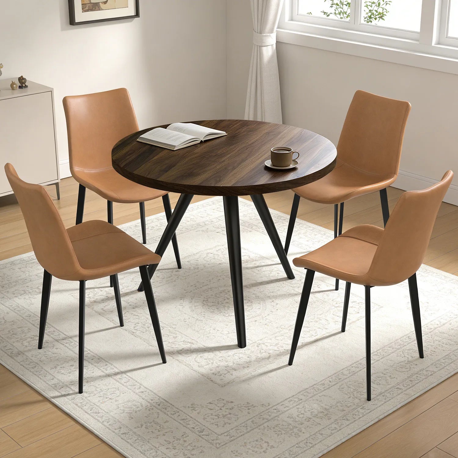 34.8 Round Dining Table Set for 4,5 Piece Mid-Century Modern Dining Set with 4 Upholstered Dining Chairs,Leisure Coffee Table for Kitchen Dining Room, Save Space