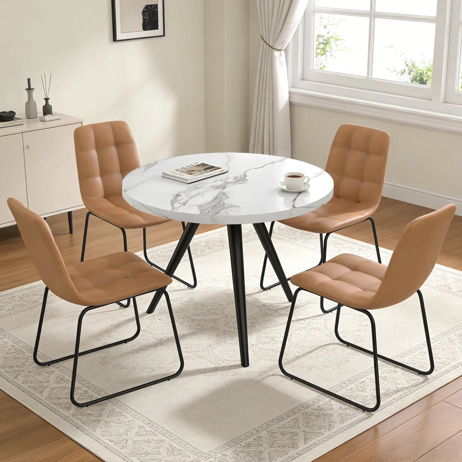 34.8 Round Dining Table Set for 4,5 Piece Mid-Century Modern Dining Set with 4 Upholstered Dining Chairs,Leisure Coffee Table for Kitchen Dining Room, Save Space