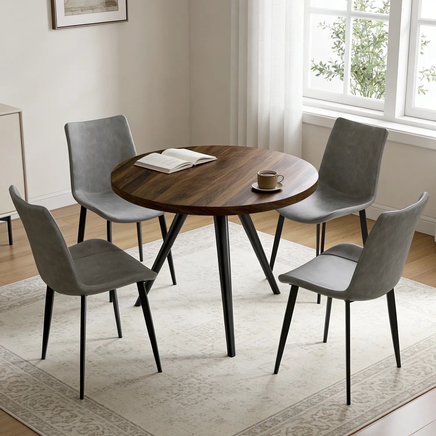 34.8 Round Dining Table Set for 4,5 Piece Mid-Century Modern Dining Set with 4 Upholstered Dining Chairs,Leisure Coffee Table for Kitchen Dining Room, Save Space