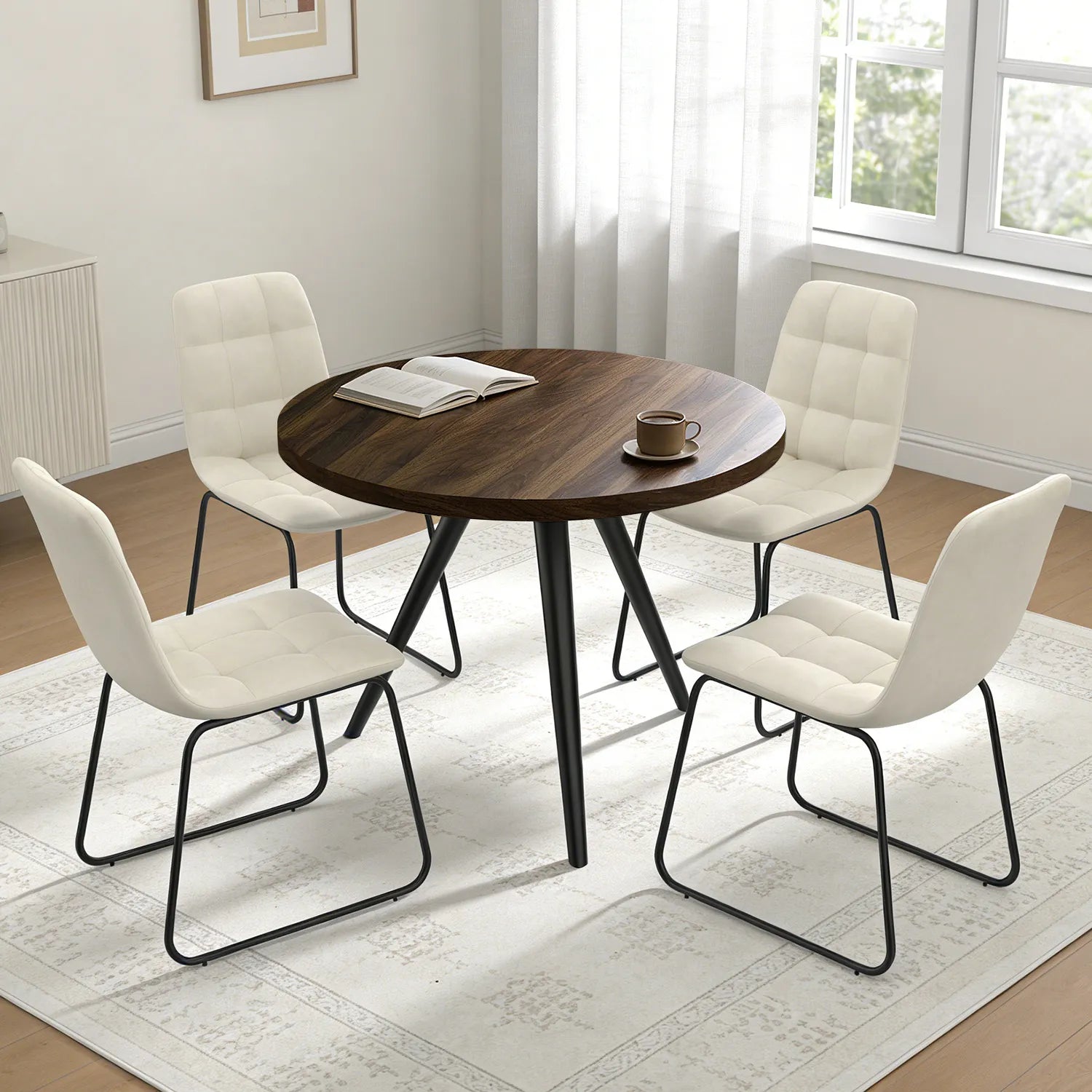 34.8 Round Dining Table Set for 4,5 Piece Mid-Century Modern Dining Set with 4 Upholstered Dining Chairs,Leisure Coffee Table for Kitchen Dining Room, Save Space