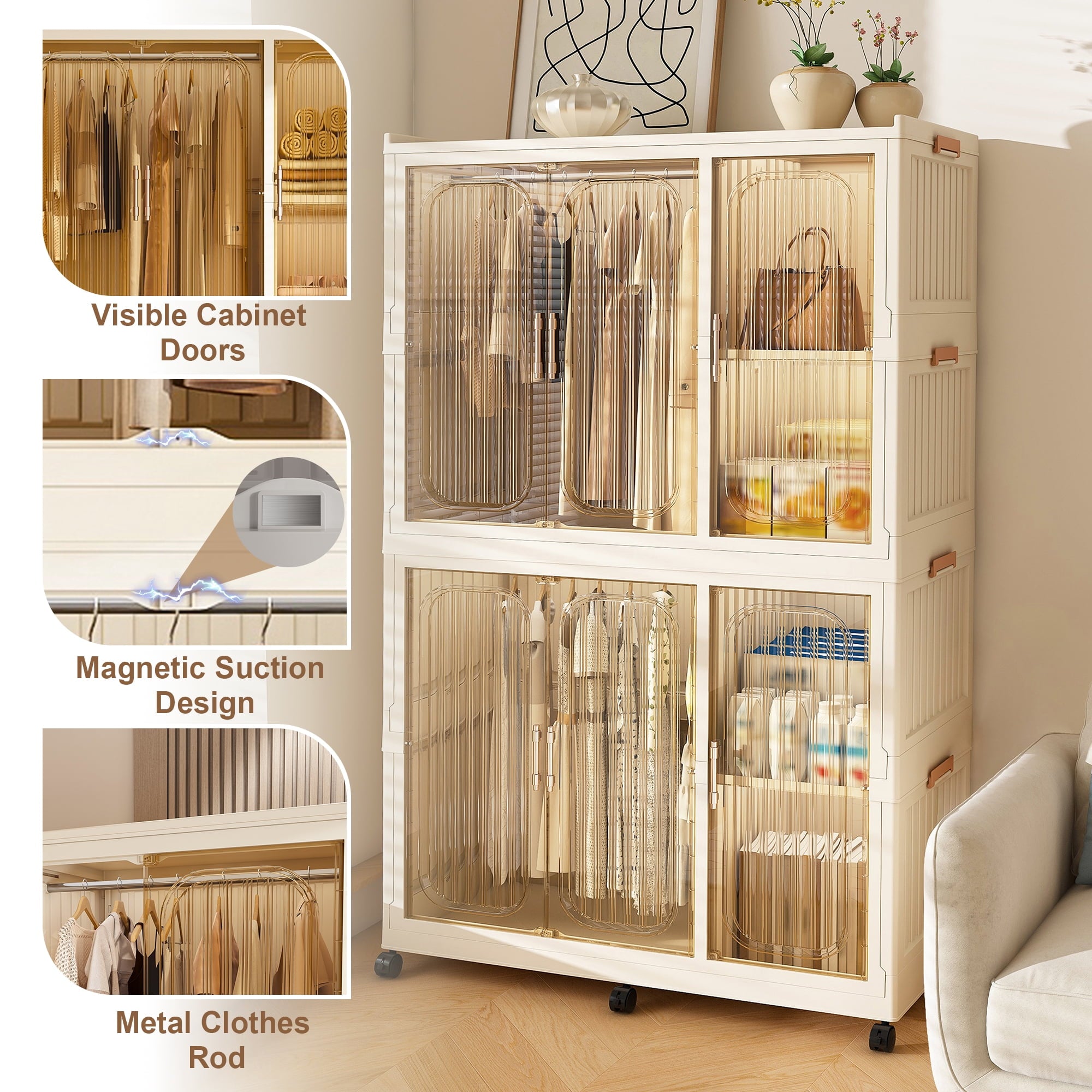 Garmic 62 Foldable Storage Wardrobe with Wheels, Portable Closet Organizer with 6 Magnetic Doors & 2 Hanging Rod, Plastic Armoire for Clothes Toys Books, White