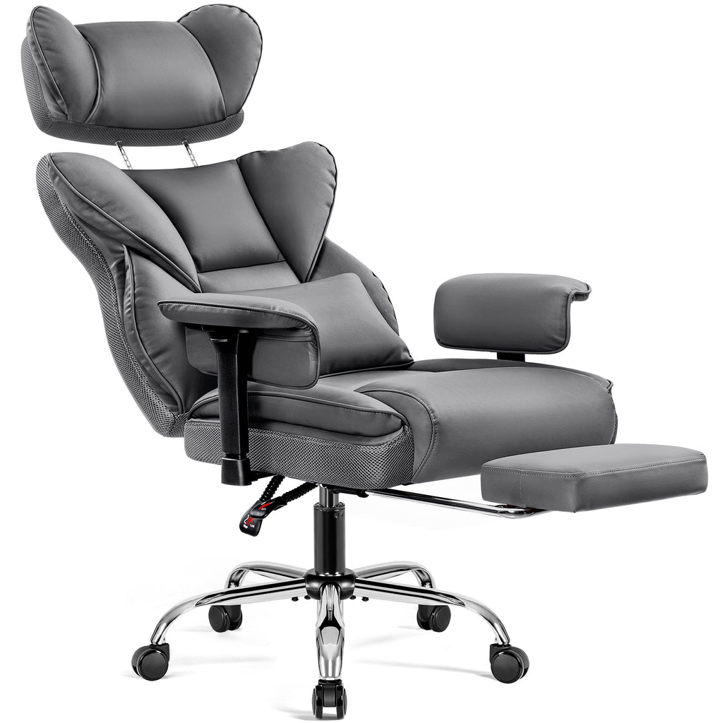 COOLHUT Big and Tall PU Leather Office Chair with Adjustable Headrest & Footrest, Executive Computer Desk Chair with 3D Adjustable Padded Armrest, Ergonomic Office Chair with Lumbar Support, Black