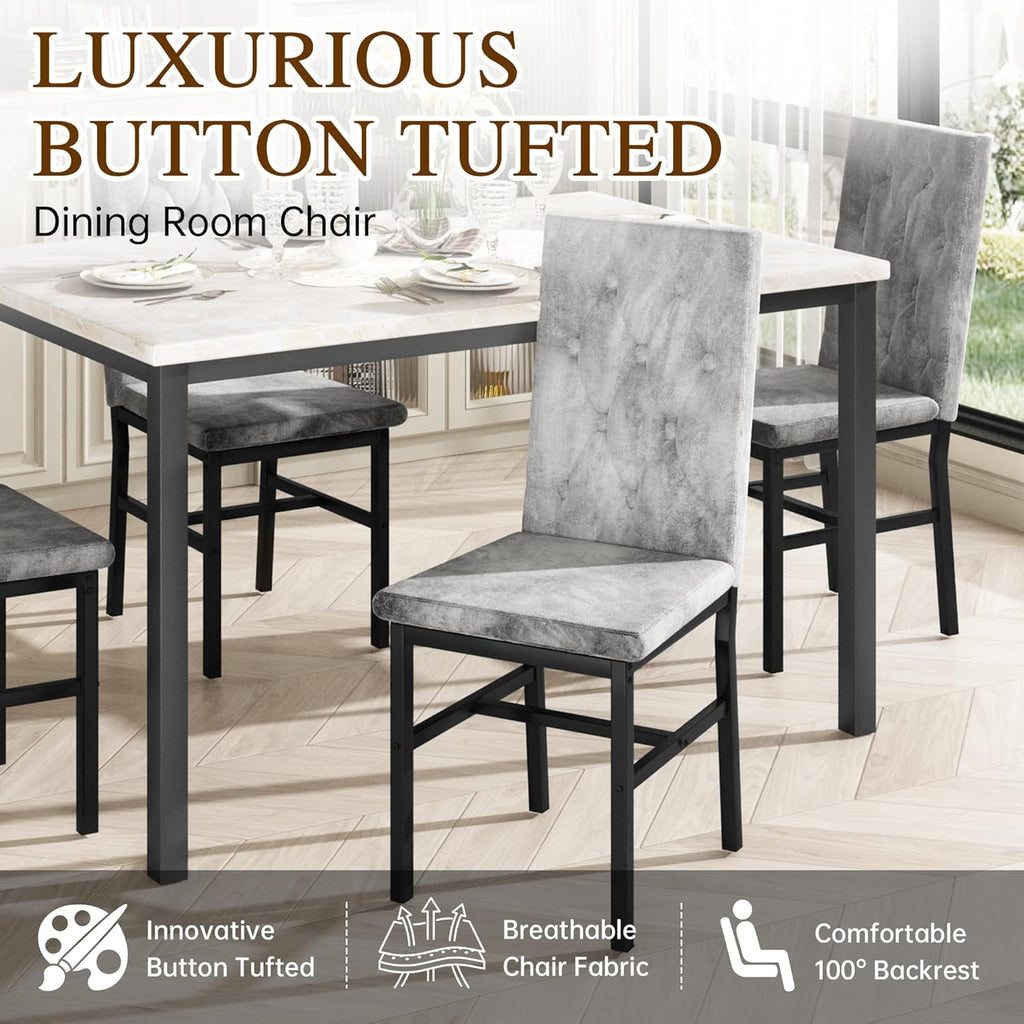 Baxluxe Dining Table Set for 4, Space Saving Rectangle Dining Table with 4 Velvet Dining Chairs, Faux Marble Kitchen Table and Chairs Set, Modern Dining Room Set for Kitchen, Pub, Beige+Gray