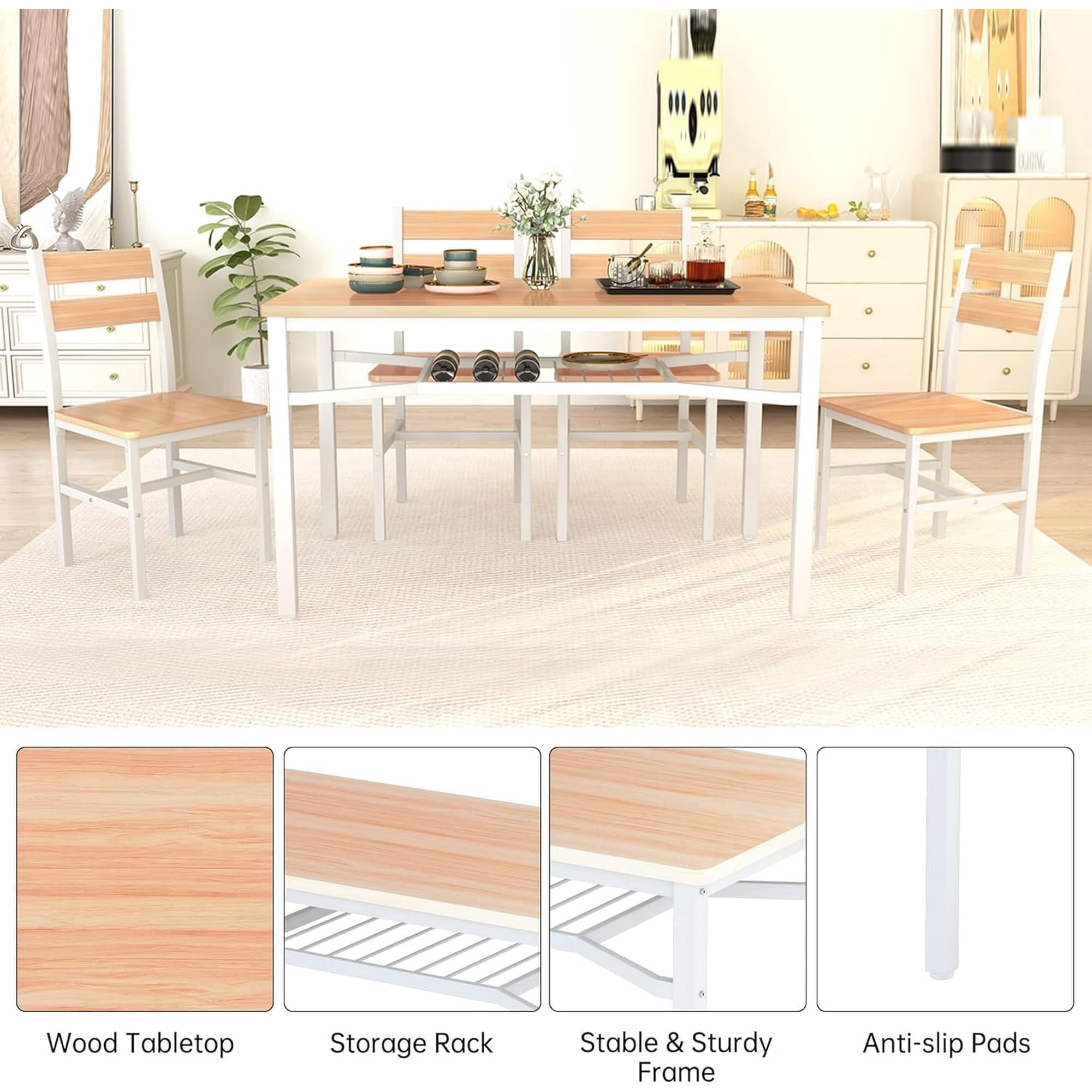Lamerge 4 Person Dining Table Set, Wooden Dining Table 5 Piece Set with 4 Oak Metal Frame Chairs, Space Saving, Suitable for Apartments, Small Spaces, Kitchens, Breakfast Corners, Espresso Wood C