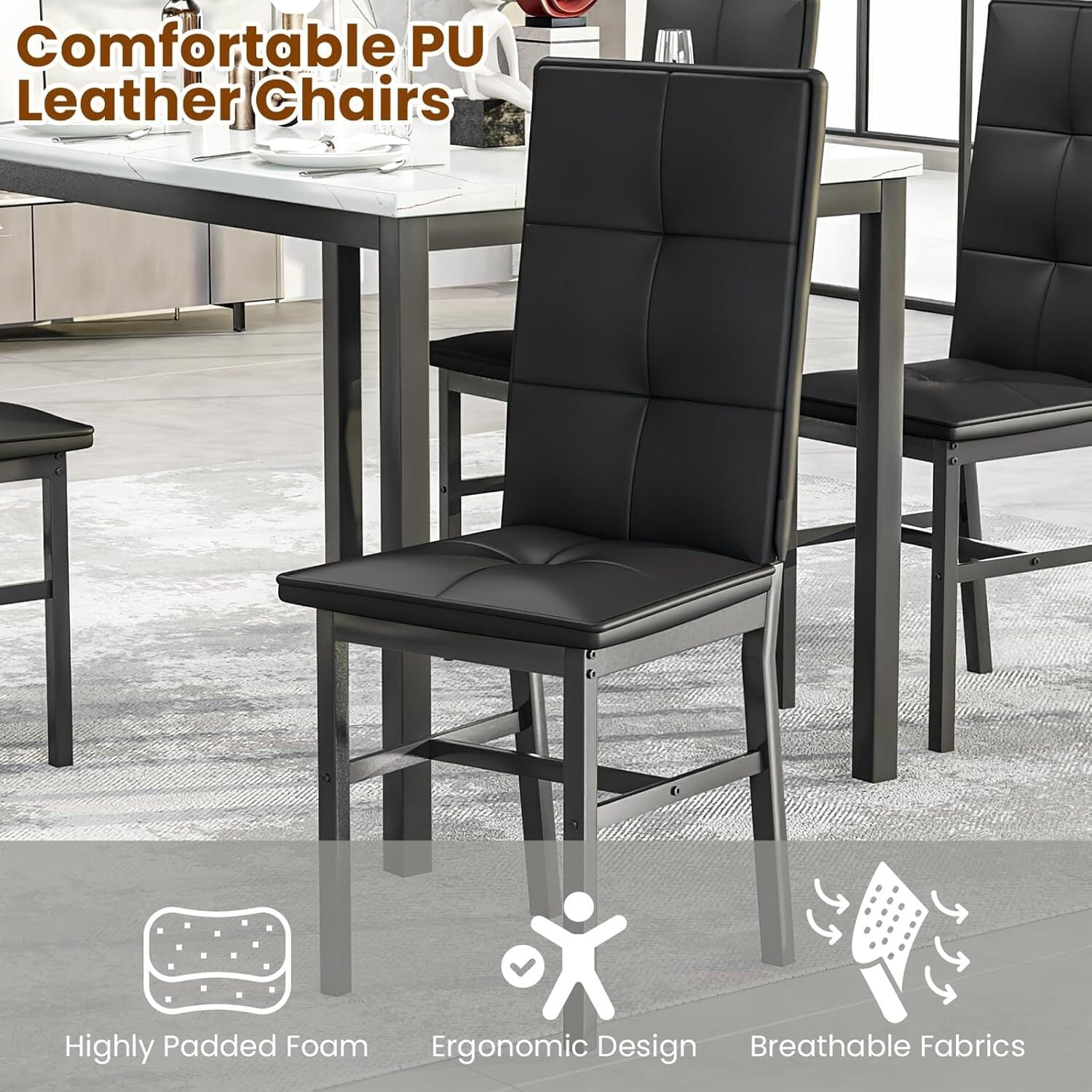 MOOSENG Dining Table Set for 4, Faux Marble Kitchen Table and Chairs Set of 4, 5-Piece Dining Room Set with PU Leather Upholstered Chairs for Small Space, Gray