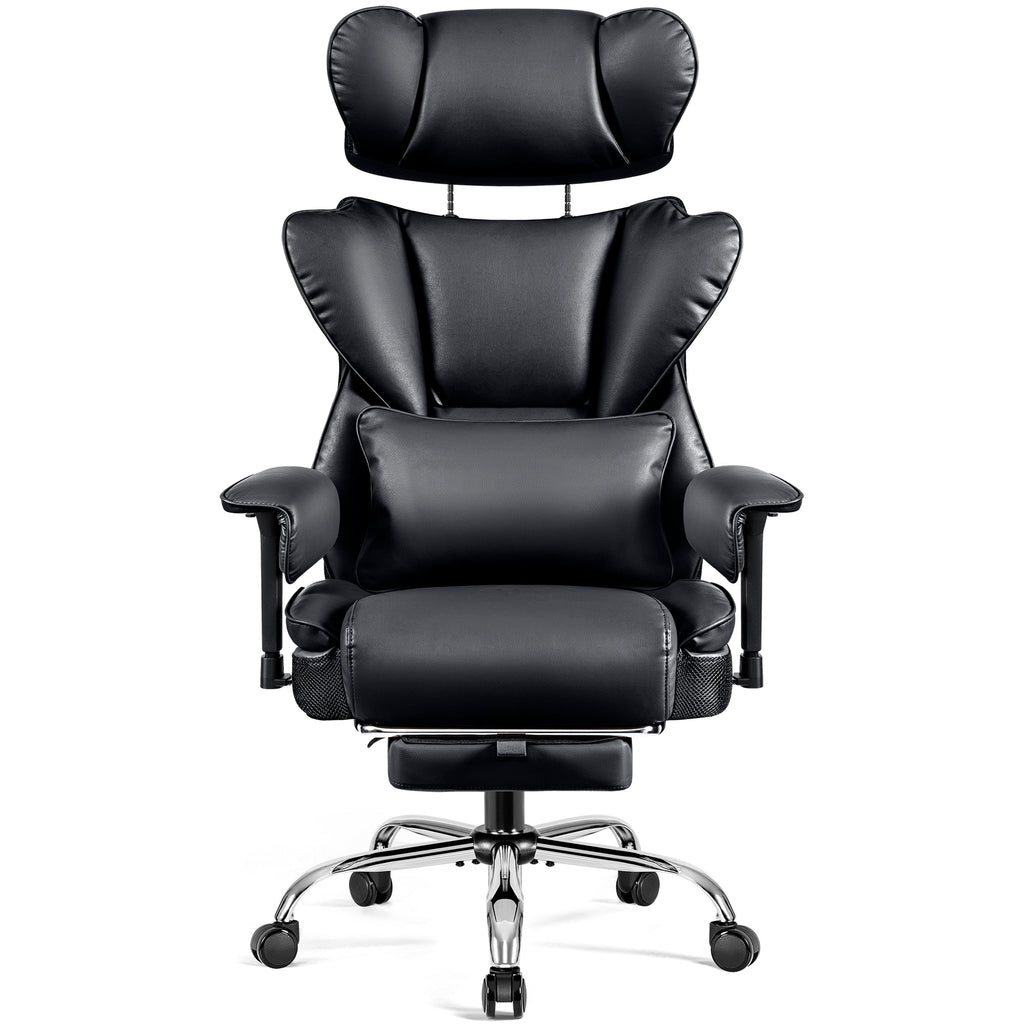 COOLHUT Big and Tall PU Leather Office Chair with Adjustable Headrest & Footrest, Executive Computer Desk Chair with 3D Adjustable Padded Armrest, Ergonomic Office Chair with Lumbar Support, Black