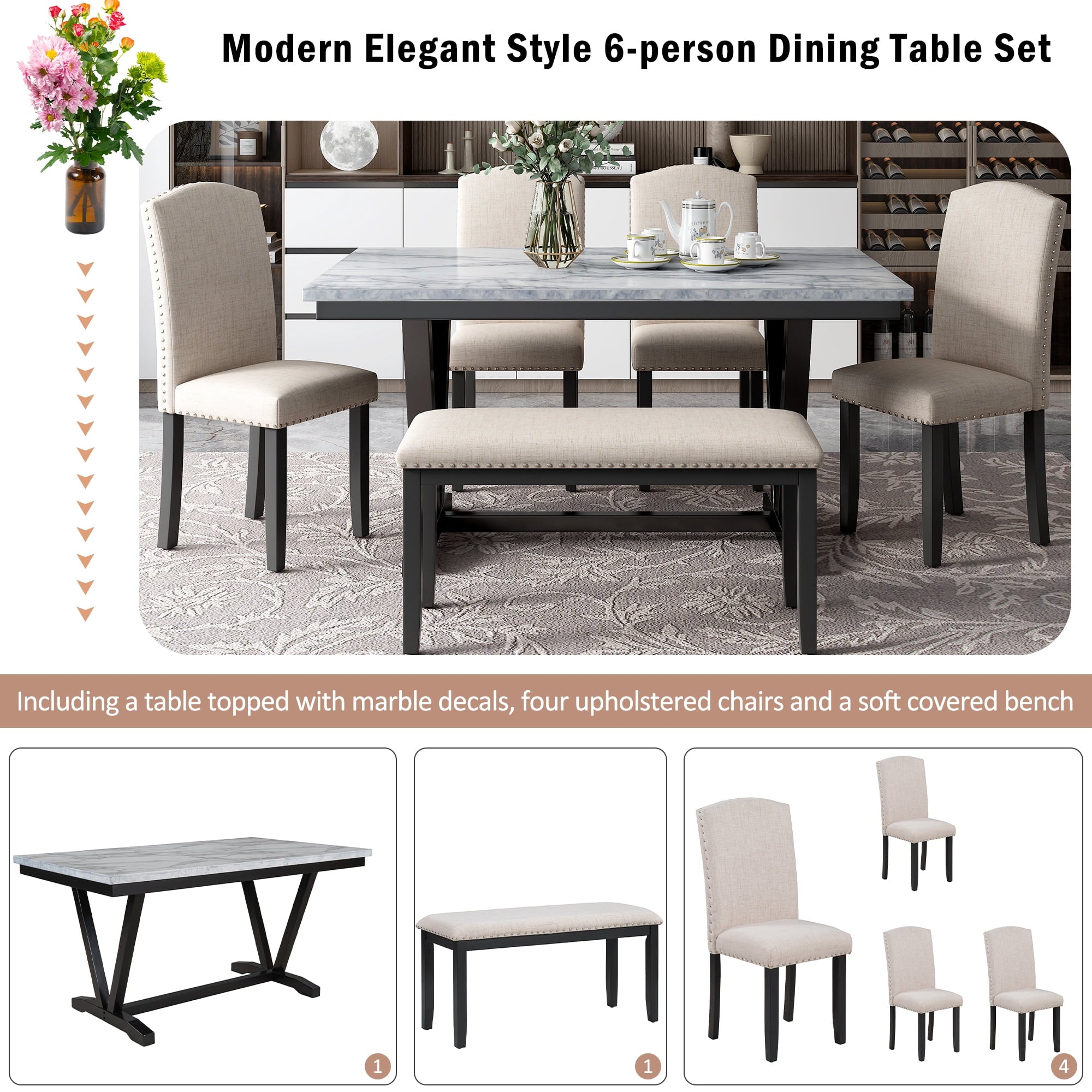Harper & Bright Designs Dining Table Set for 6 with Bench Rectangular Table and 4 Upholstered Chairs for Kitchen, Gary