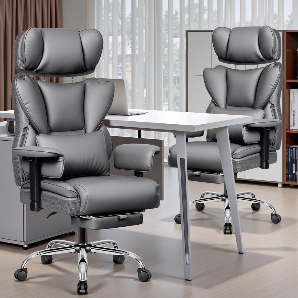 COOLHUT Big and Tall PU Leather Office Chair with Adjustable Headrest & Footrest, Executive Computer Desk Chair with 3D Adjustable Padded Armrest, Ergonomic Office Chair with Lumbar Support, Black