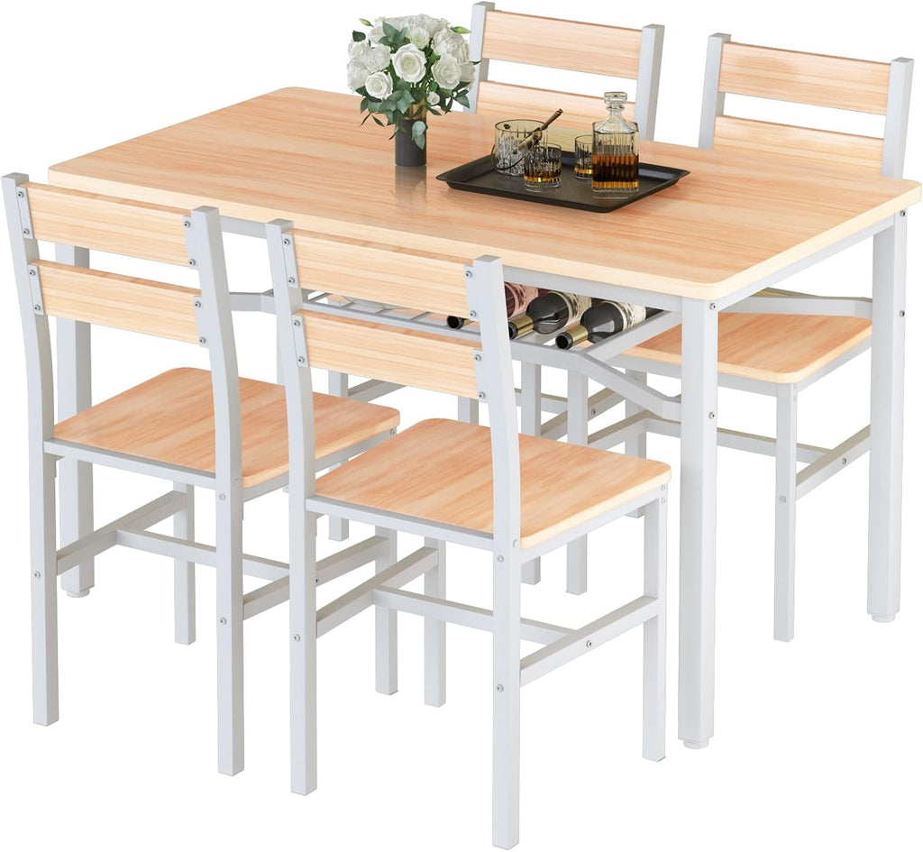 Baxluxe 4-person dining table set, farmhouse-style wooden kitchen dining table and chair set, farmhouse 5-piece dining table set with storage rack, small kitchen dining table set,Black
