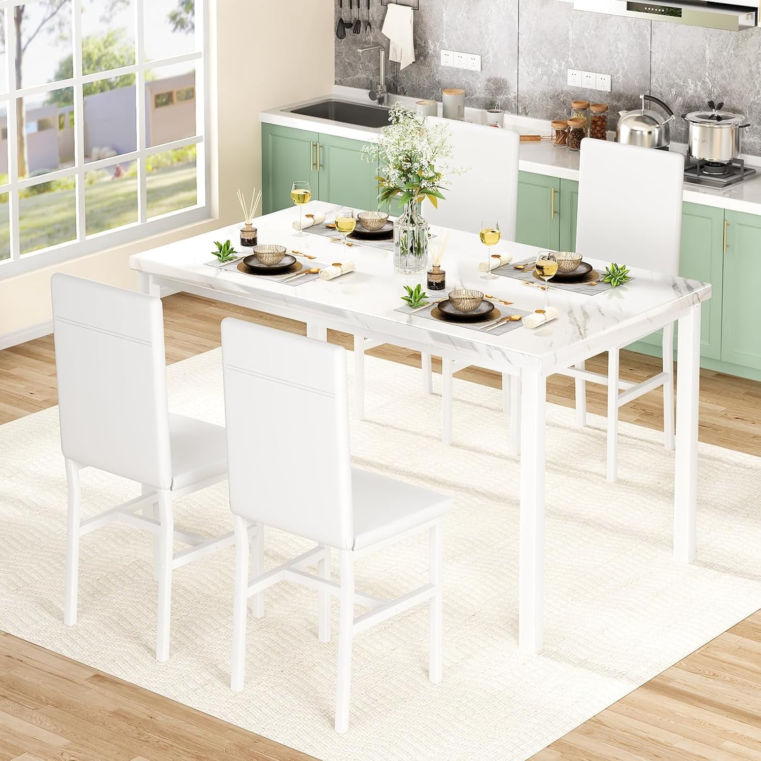 MIERES 5 Piece Dinning Table Sets for 4, Marble Kitchen Table and Chairs for 4,Dining Room Table Set with PU Leather Chairs,Faux Marble Dining Set for Small Spaces,Living Room,White+Brown